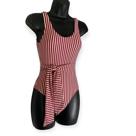 Peony Swimwear Poolside One Piece Swimsuit with Tie Red White - Picture 14 of 14